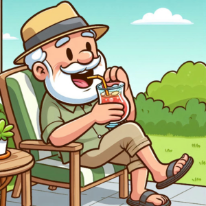 senior man sitting outdoors with a drink